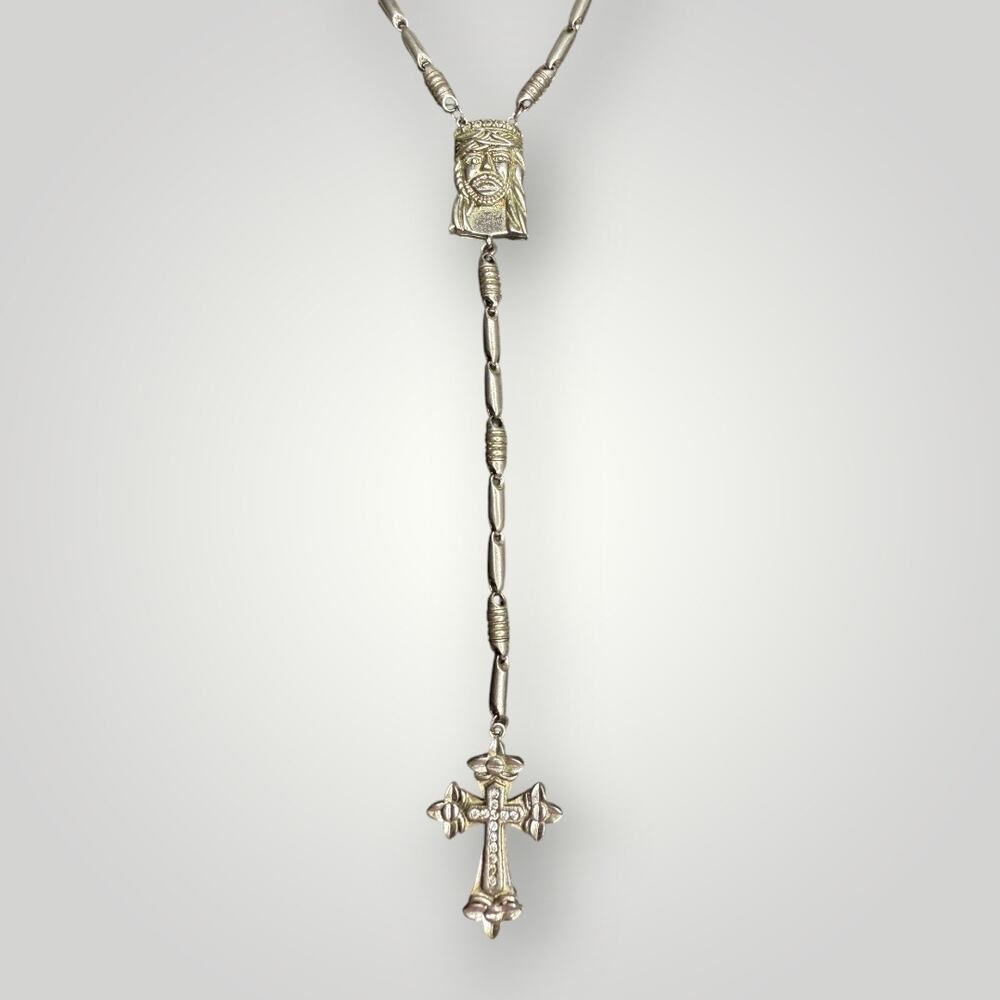 Religious Rosary Style Necklace 26 inch Jesus Head Cross 75.8g Silver Tone